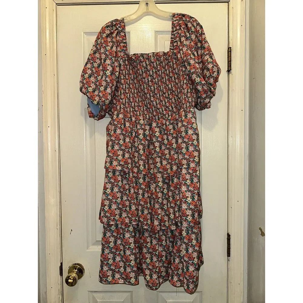 English Factory Smocked Mini floral‎ ruffle Dress Sz 2XL Cottage Core Prairie